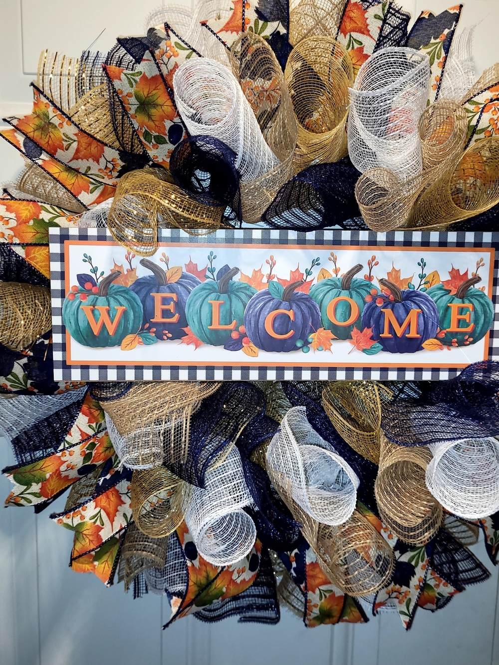 Autumn 'Welcome' Pumpkin Wreath with Gold & Navy Accents